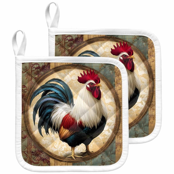 Rooster Pot Holders for Kitchen Heatproof Potholder, 2 Pack Vintage Rustic Farmhouse Style Oil Painting Hot Pads Multipurpose Oven Pads Cloth Potholders Trivet for Cooking and Baking
