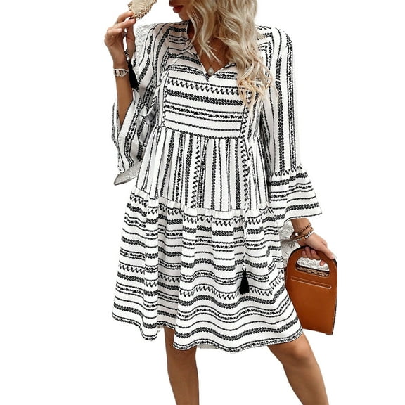 Women's Black Stripe V Neck Bell Sleeve High Waist Mini Dress | [ZhiHiMeRi] | (US 12-14)L