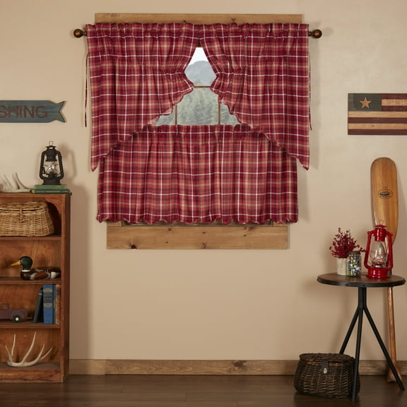 VHC Brands Braxton 4 PC Apple Red Curtain Set (2 Prairie Swag 36x18 and 2 Tier 24x36)