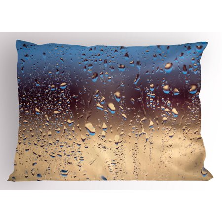 Rain Pillow Sham Close Up Rain Drops on Glass Natural Sprays Sphere Contrasting Colors Picture, Decorative Standard Size Printed Pillowcase, 26 X 20 Inches, Blue Tan Brown, by