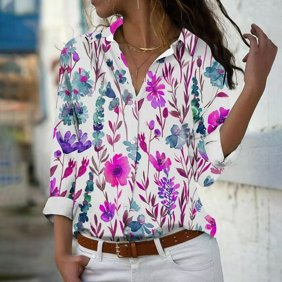 Royisotas Lapel Women Tops Casual Long Sleeve Fall and Winter Womens Button Down Blouses and Tops Pink Floral Graphic Collared Button up Shirts