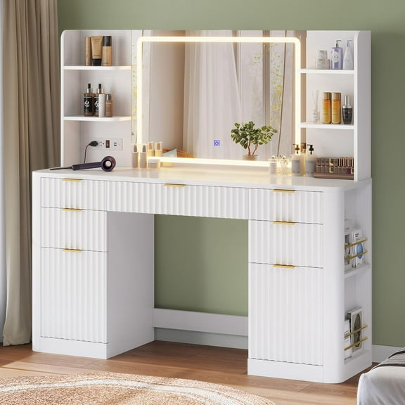 Afuhokles Fluted Makeup Vanity Desk with Lighted Mirror and 5 Drawer, Modern Dressing Table with Charging Station for Bedroom, White