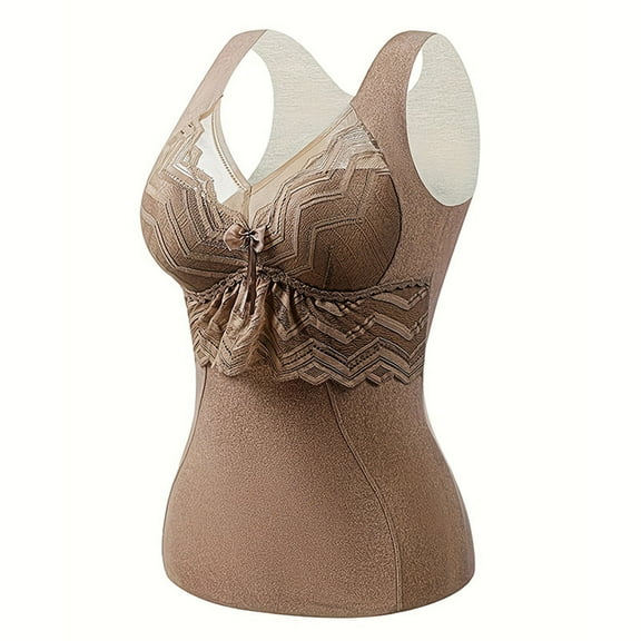 Sleeveless Thermal Fleece Tank Top For Women V Neck Lace With Chest Cushion Thick German Velvet Lace Brushed And Heated Base Top Khaki M