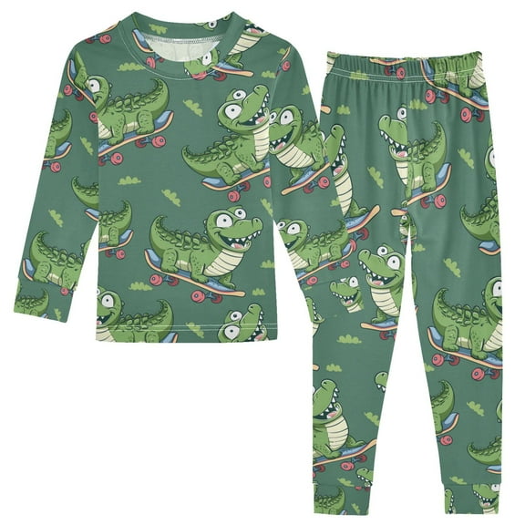 joogoo Cartoon Crocodile on Skateboard 2 Piece Long Sleeve Tee and Pants Cotton Pajama Set 5Y