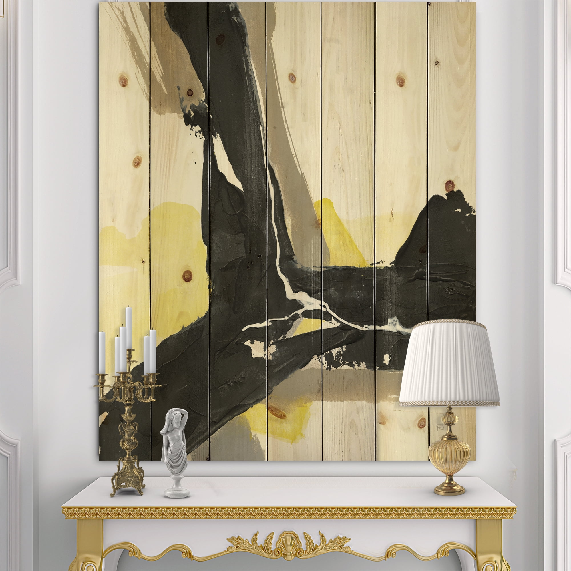 Designart 'Glam Yellow and Black I' Modern & Contemporary Print on Natural Pine Wood