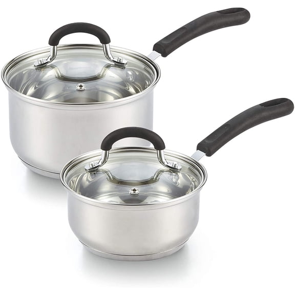 Cook N Home Professional 1 Quart and 2 Quart Stainless Steel Saucepan Set with Lids, Small Kitchen Induction Cooking Sauce Pot Pan, Stay-Cool Silicone Handle, Dishwasher Safe