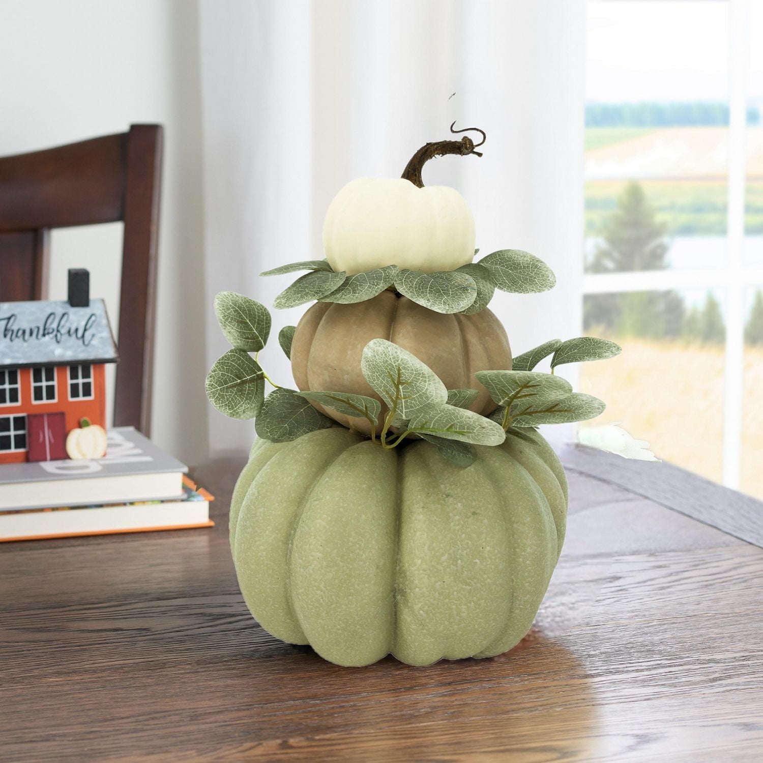Way to Celebrate Harvest Cream & Green 14" Pumpkin Stack Decoration