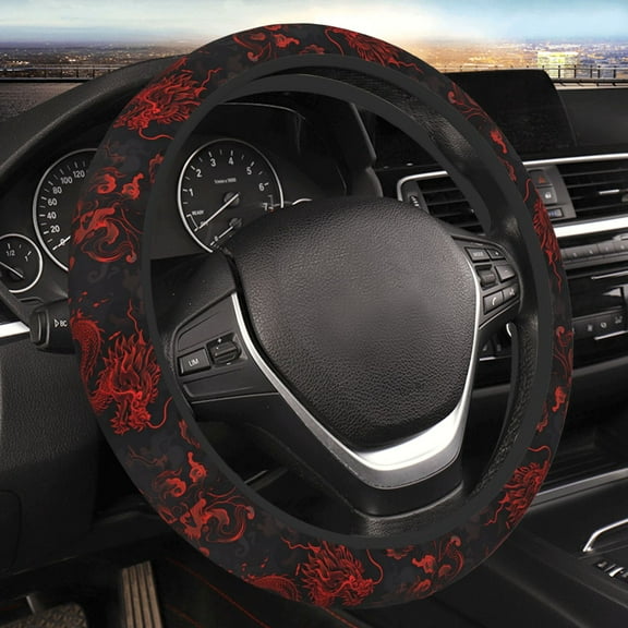 Yiaed Red Dragon On Black Steering Wheel Cover,Universal 15 Inch Anti Slip Steering Wheel Protector Car Accessories Interior for Auto Truck SUV
