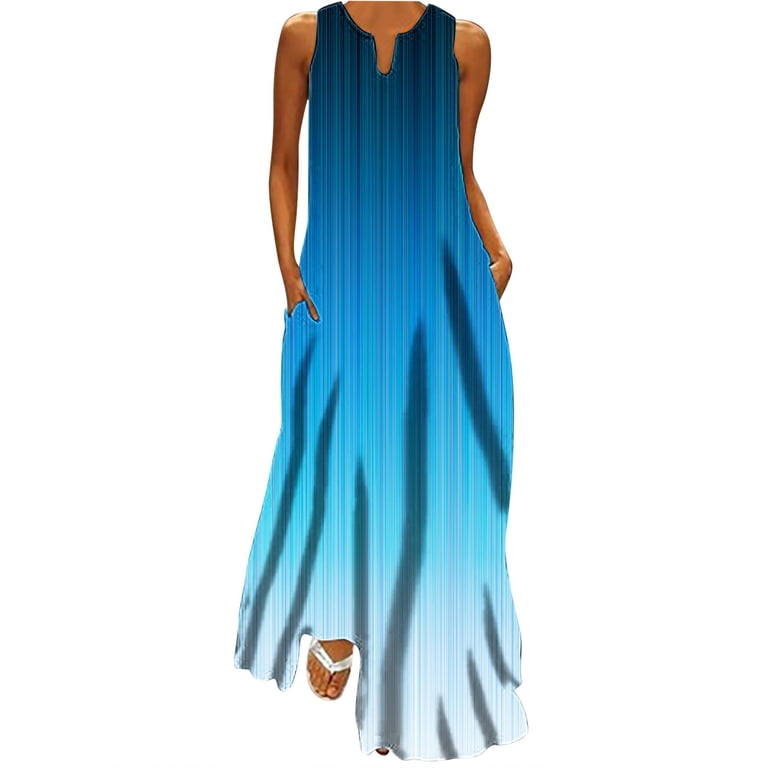holiday dresses for curvy women Ayolanni Vacation Plus Size V-Neck Blue Sleeveless Ombre Maxi Dresses Junior Dresses XL Christmas outfit women