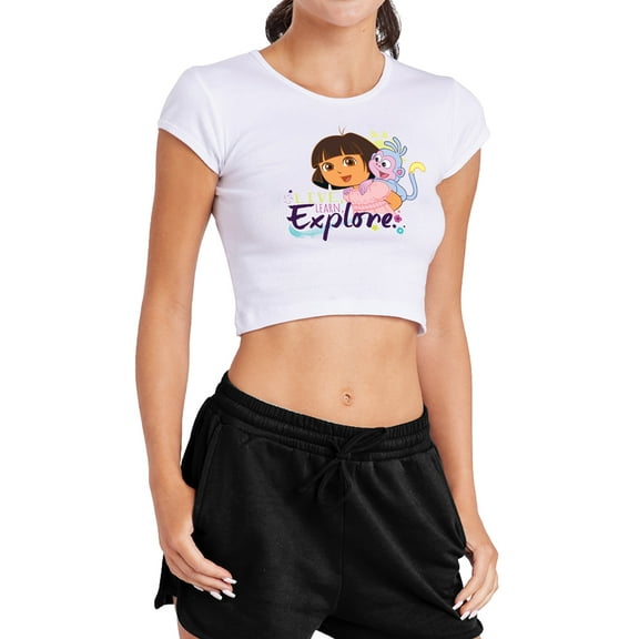 Popfunk Dora The Explorer Live, Learn, Explore Women's Cap Sleeve Baby Rib Crop Top, White, Small