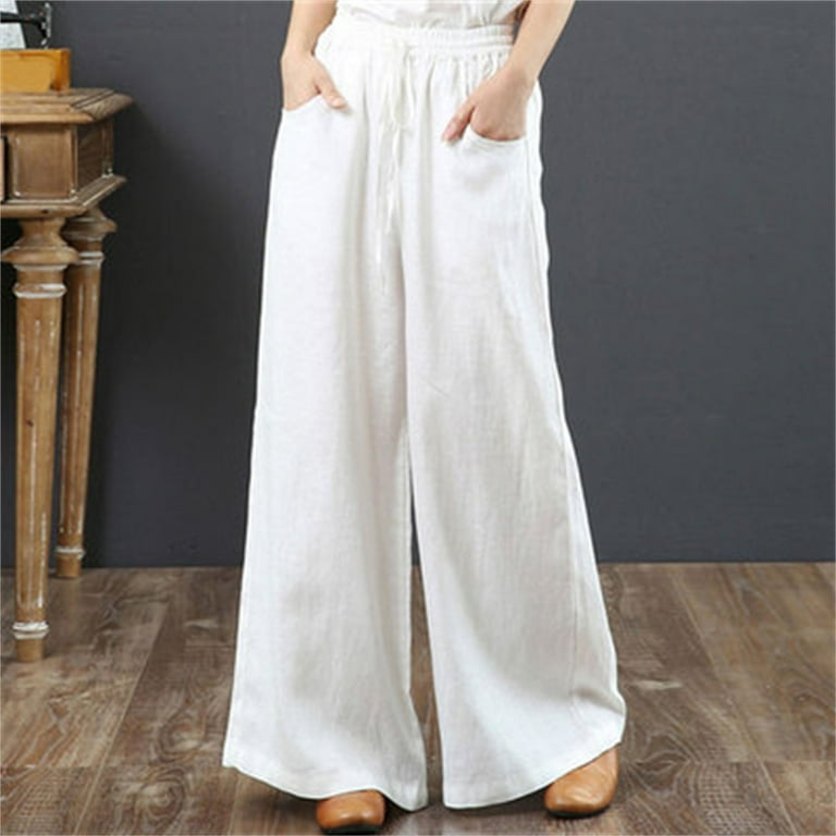 nsendm Women Summer High Waisted Linen Palazzo Pants Long Bottom Trousers  Summer Pants for Women Casual for Curvy Women Pants White X-Large 
