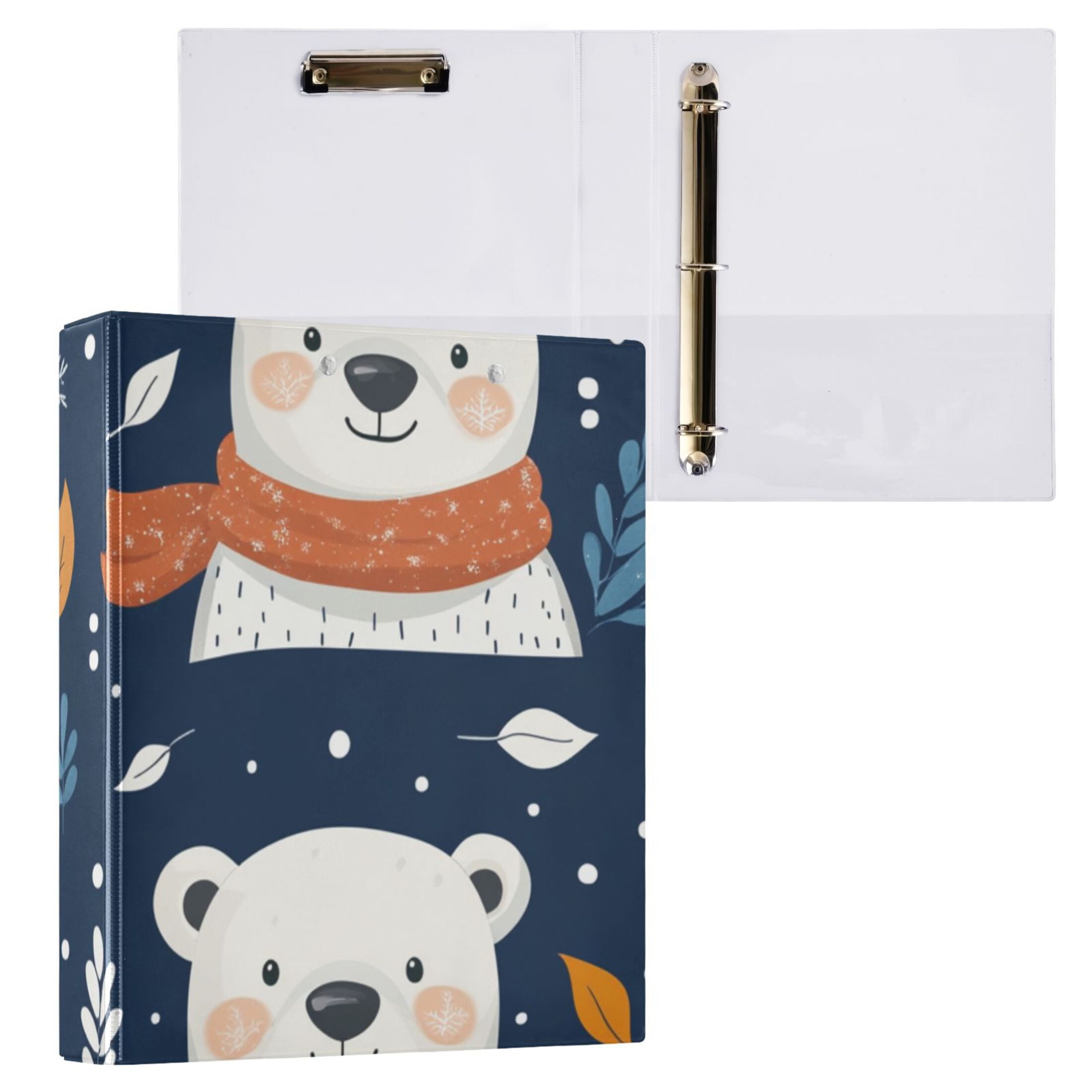 Polar Bears Snow 3 Ring Binders 1.5 inch Hardcover File Folders with Interior Pockets A4 Size Organizer for School Office Hospital