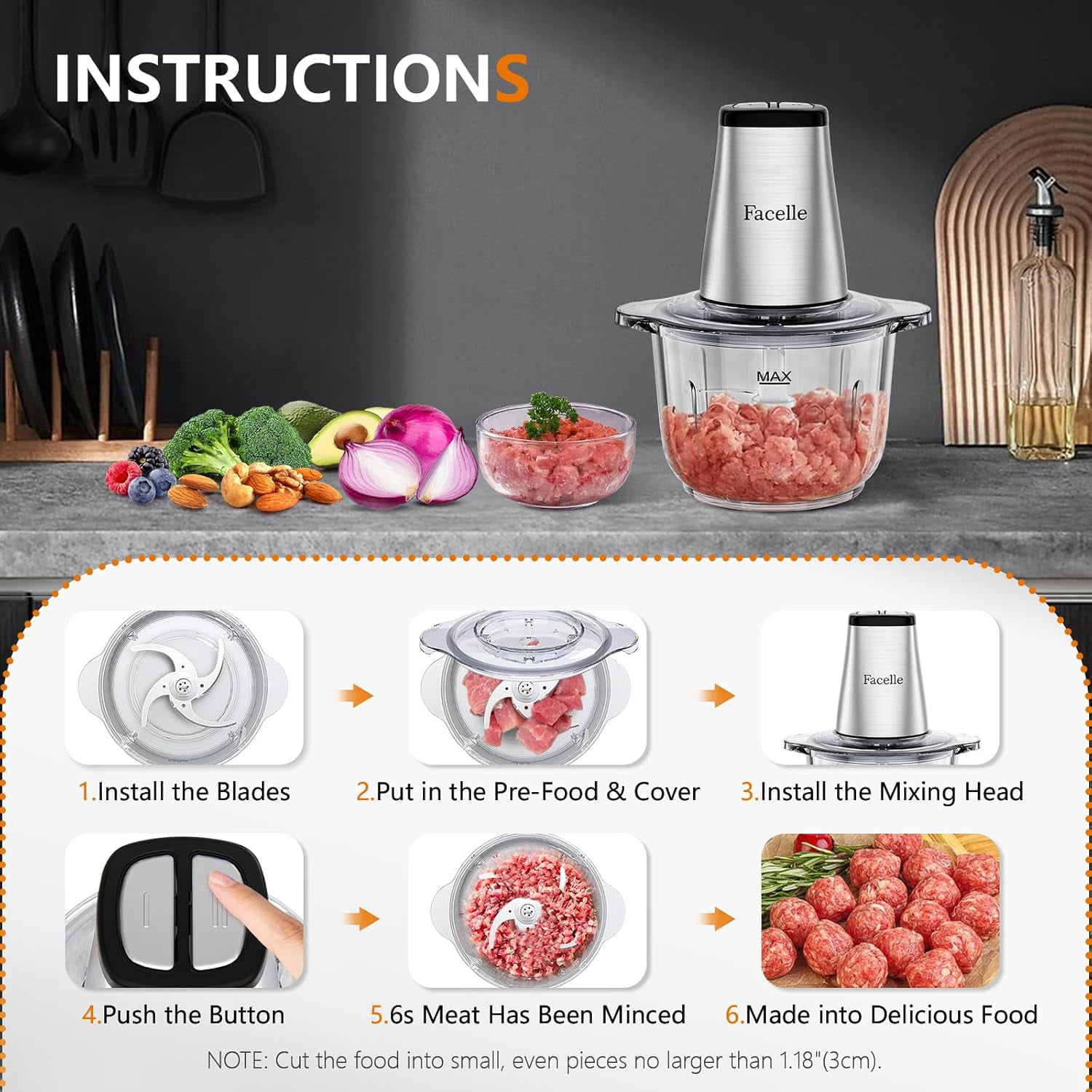 Meat Grinder 8-Cup Food Chopper Electric Vegetable Chopper 500W With 2L Glass Bowl & 4  Blades for Meat/Vegetable/Fruit/Nut/Baby Food