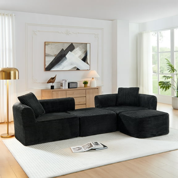 CKEASEAN 114" Corduroy Boneless Sectional Couches with Chaise, Upholstered Modern Sectional Sofa with Deep Seat & Movable Ottoman, Memory Foam Couches for Living Room, No Assembly Required