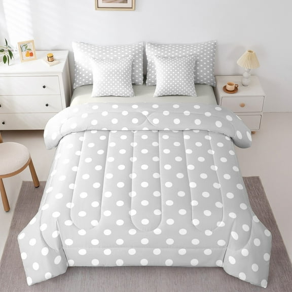 Manfei Grey Polka Dot Twin Bedding Sets 7-Piece for Teens, Abstract Ombre Bedding Comforter Set, Modern Fashion Reversible Sheet Sets, Breathable Home Decor