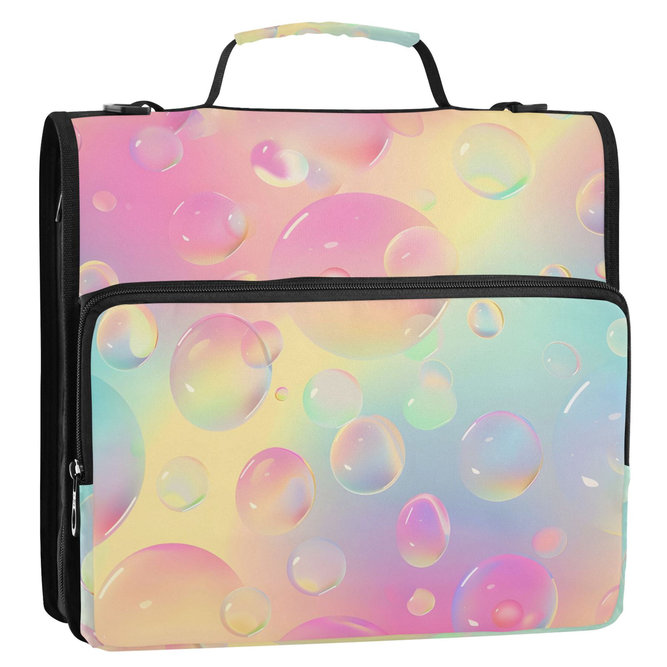 3 Ring Zipper Binder with Shoulder Strap Waterproof Trapper Keeper 2 Inch D-Ring 500 Sheets Capacity Colorful Bubbles