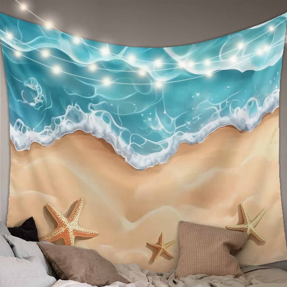 Ocean Beach Tapestry for Bedroom Wall Hanging Tapestry, Starfish Sea Waves Coastal Seaside Sand Ceiling Backdrop Tapestries Poster Blanket Wall Decor for Teens Room Living Room Dorm 59" x 79"