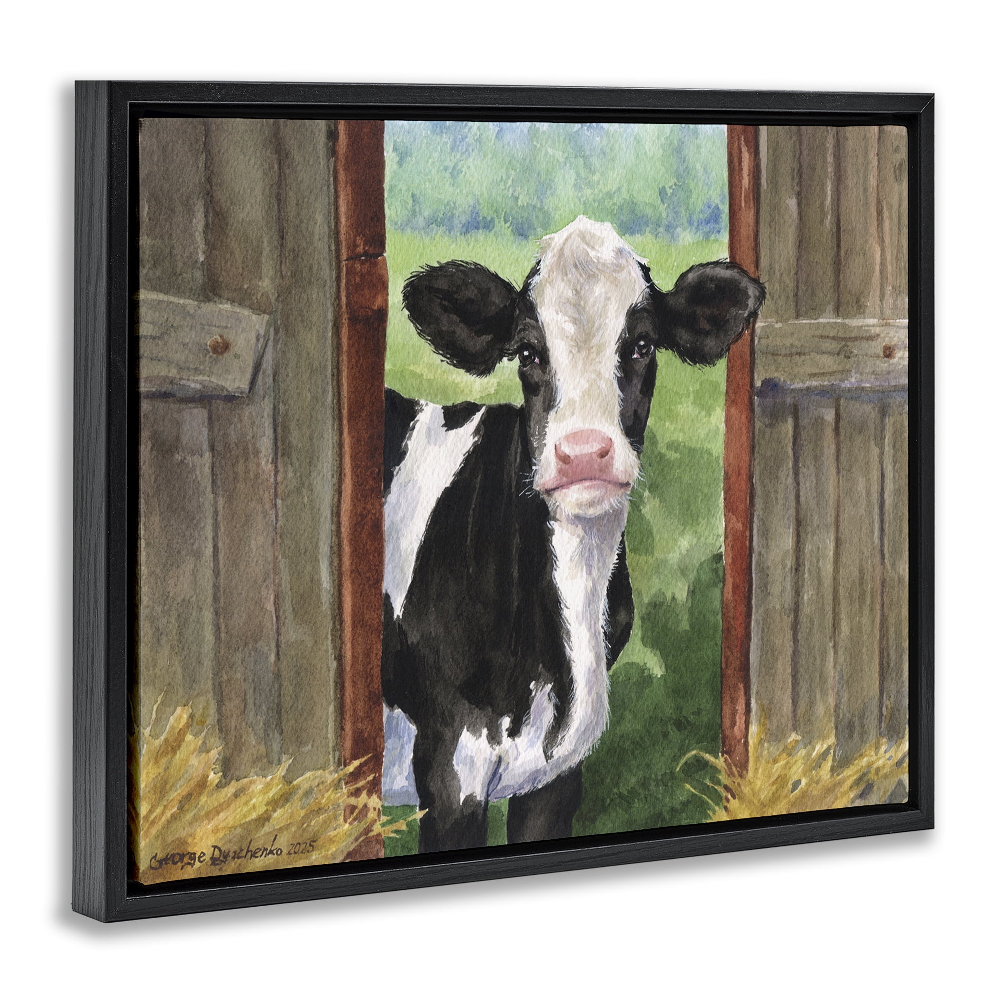 Stupell Industries Cow in Wooden Gate Black Framed Floater Canvas Wall Art, design by George Dyachenko