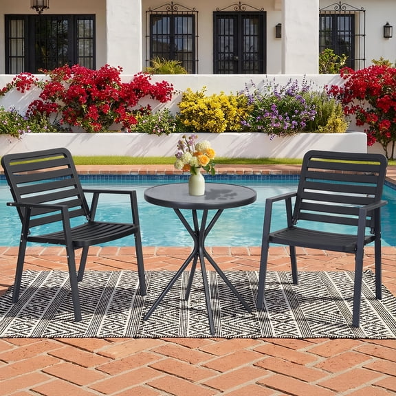 DELMANGO 3-Piece Patio Bistro Set, 2 Outdoor Chairs and 1 Glass Table for Porch, Yard, Garden, Gray