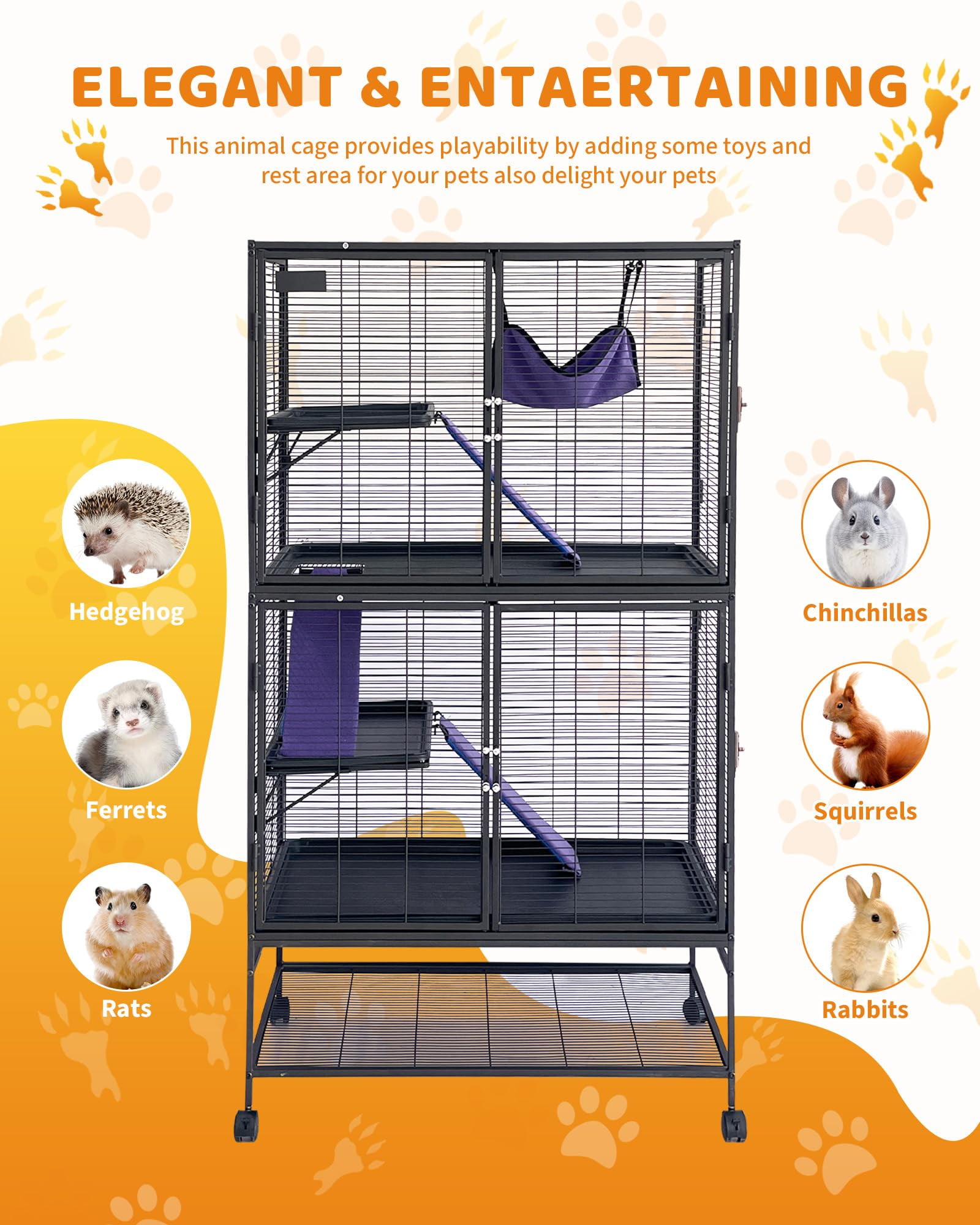 4-Tier Heavy-Duty Small Animal Cage for Ferrets, Chinchillas, Guinea Pigs, Hamsters, Rabbits – Metal Construction, Ramp, Hammock, Storage Shelf, Removable Tray – Easy Assembly & Cleaning