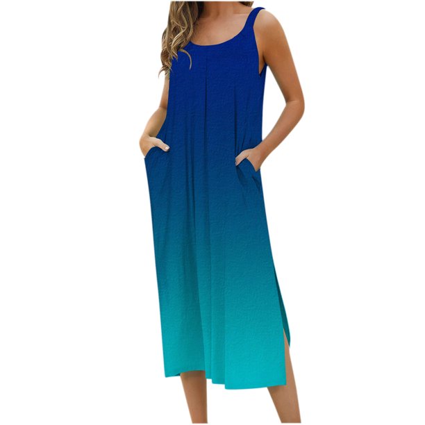 ICHUANYI Clearance Women Fashion Casual Solid Floral Printed Sleeveless Pocket Split Round-Neck Knee-High Dress Long Dress(Sky Blue, XL) ICHUANYI WER2023081405219