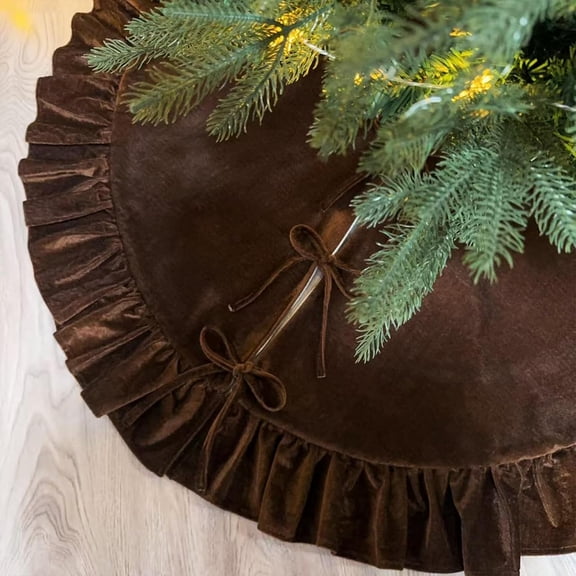 60 Inch Ruffled Velvet Christmas Tree Skirt, Chocolate Brown Luxury Neutral Xmas Tree Mat with Bow Ties for Holiday Home Party New Year Indoor Decorations