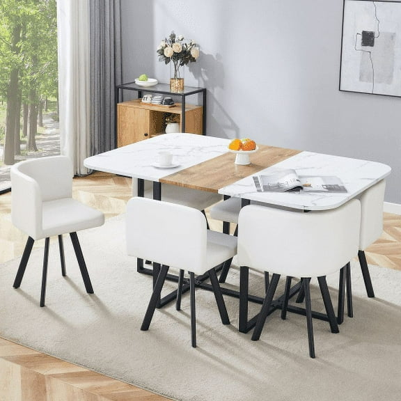 JUFU Modern Dining Table Set for 6, 60" White Faux Marble Tabletop with Sturdy Metal Legs, Space-Saving Dinner Table and Chairs Set for Kitchen,Living Room