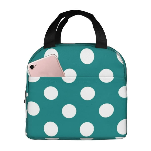 Easygdp Teal And White Polka Dot Bolsa Térmica Premium - Tela Oxford Impermeable, Gran Capacidad, Bolsillo Frontal, Unisex para Trabajo, Escuela, Actividades al Aire Libre y Picnics