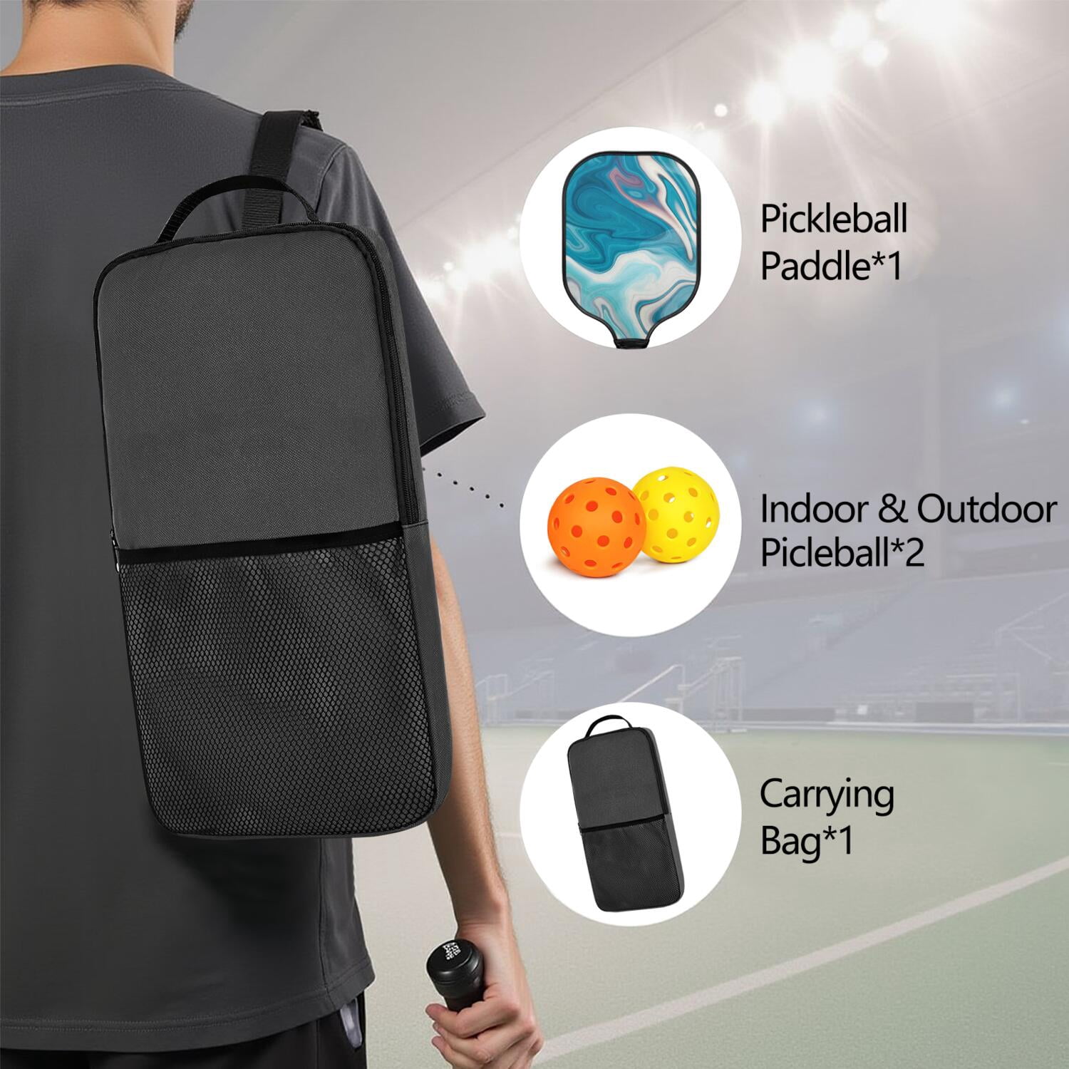Pickleball Paddles Set Of 1, Fiberglass Surface, Liquid & Marble Print, 1 Paddles, 2 Balls & Bag
