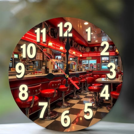 Retro Diner Clock Wall Decor Vintage 50s Style 10-Inch Silent Wooden Wall Clock, Battery Operated (AA Batteries Not Included), Artistic Home Decor