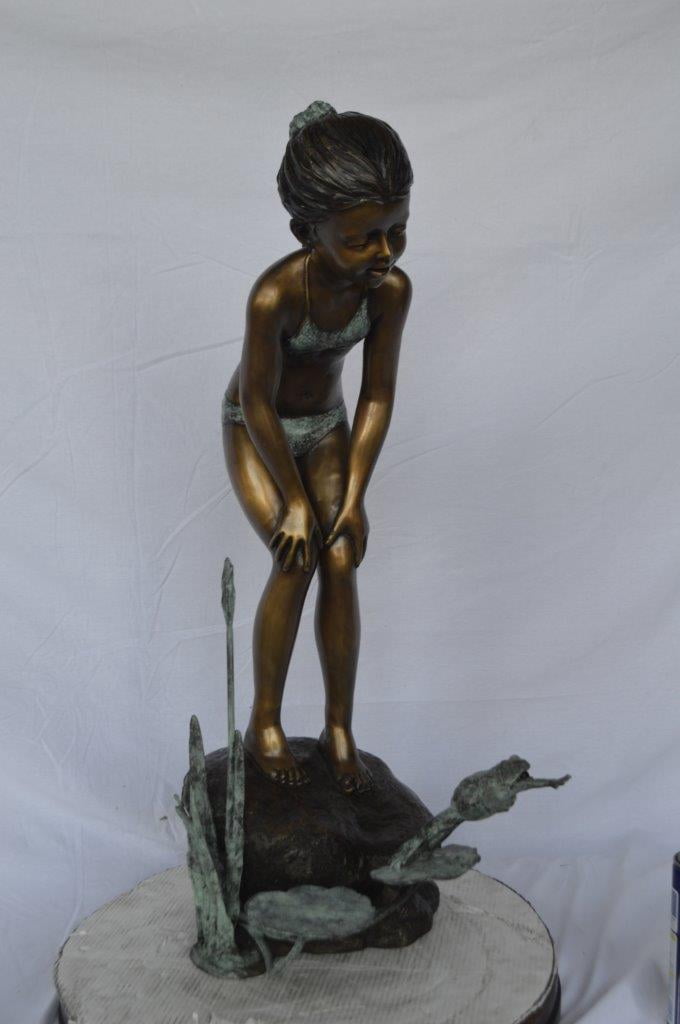 Nifao Girl Watching Jumping Frog – Outdoor Bronze Fountain, Garden Water Feature, 21"L x 15"W x 38"H