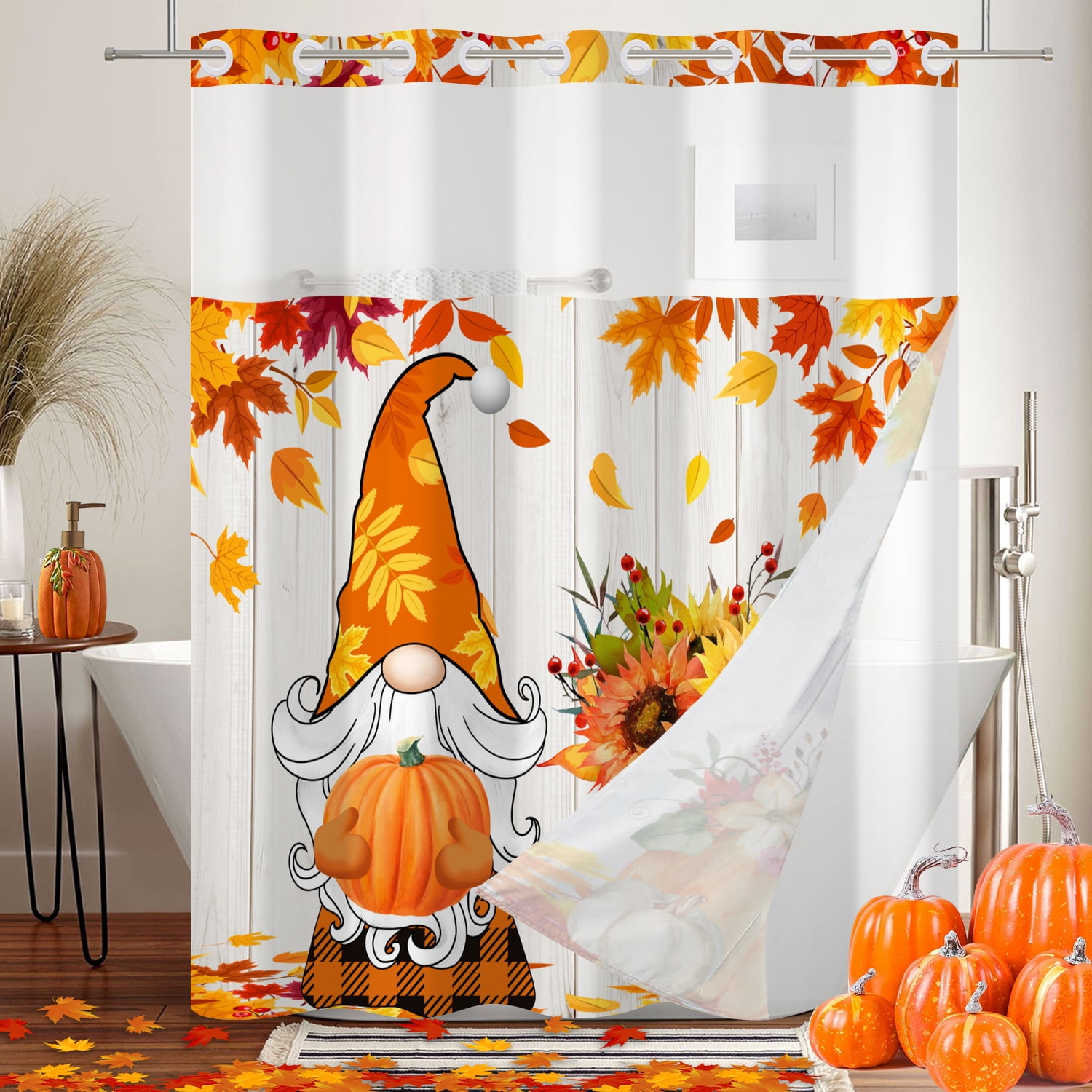 MIZHONA Fall Thanksgiving Shower Curtain with Snap in Liner,Gnomes with Maple Leaves Fabric Bathroom Curtain No Hook,71"×74"