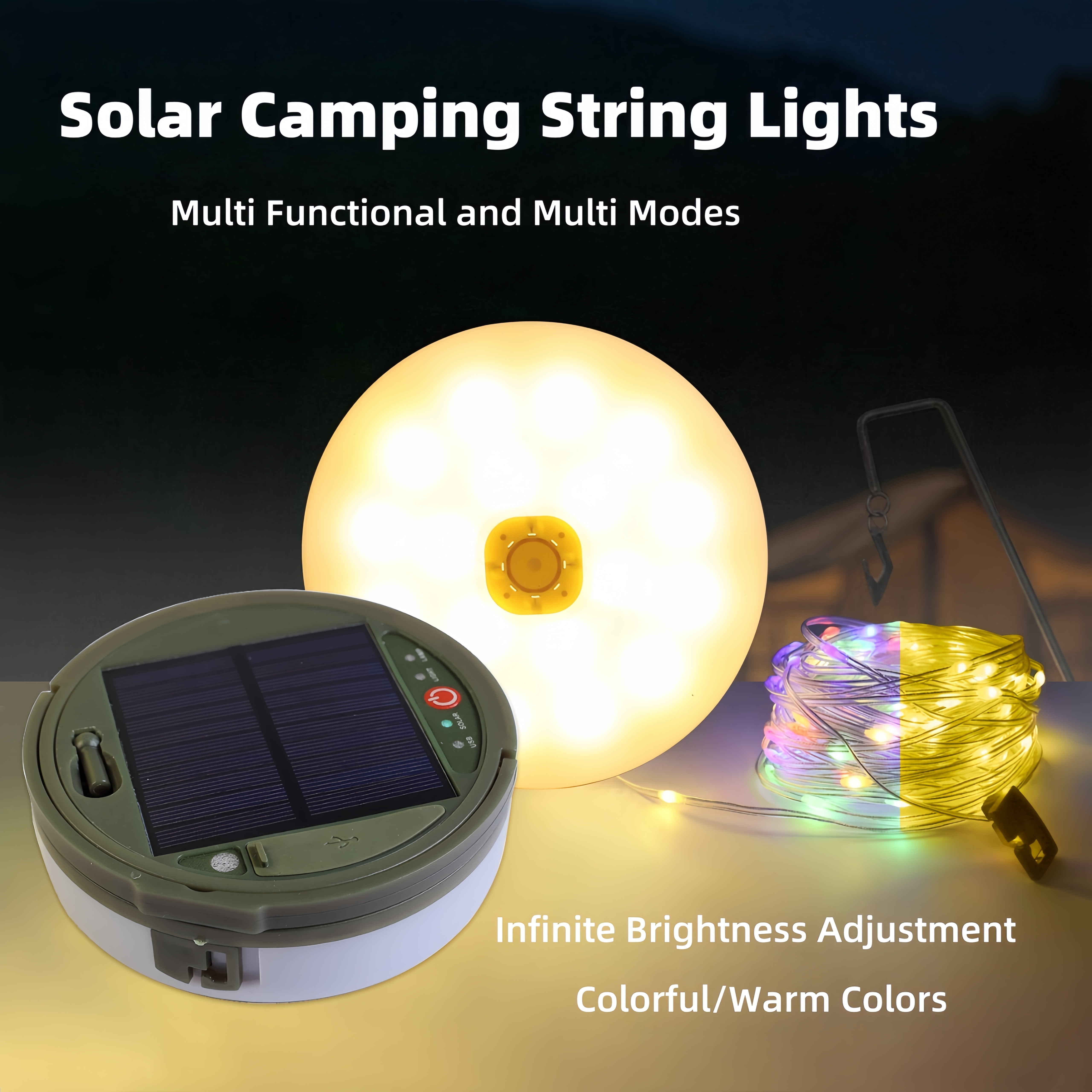 Solar Camping String Lights,Portable Waterproof Camping Lamp,32.8FT Fairy String Lights 100 LEDs with 8 Lighting Modes, Hanging Rechargeable Tent Lantern for Awning Garden Party Decor-Remote Control