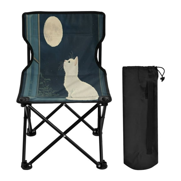 WOBOGO White Cat Enjoying The Moon Camping Chair Convenient Four Corner Backrest Folding Stool Can Hold Up to 220lbs