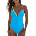 thumbnail image 1 of Women'S One Piece 2025 Tummy Control Swimsuits Neon Color Block Swimwear Deep V Neck Slimming Bathing Suit Blue S, 1 of 8