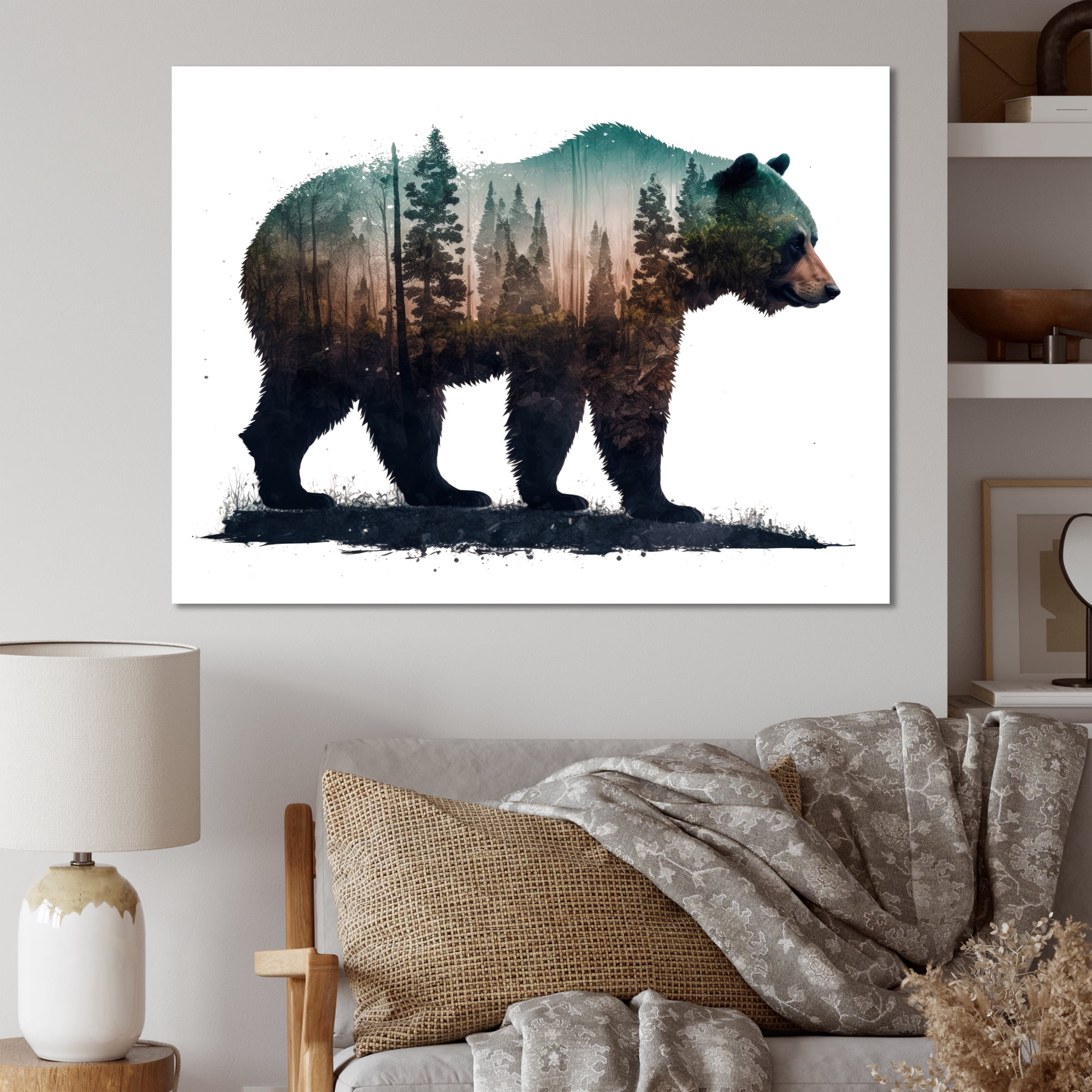 Designart Double Exposure Of A Bear With Forest II Canvas Wall Art