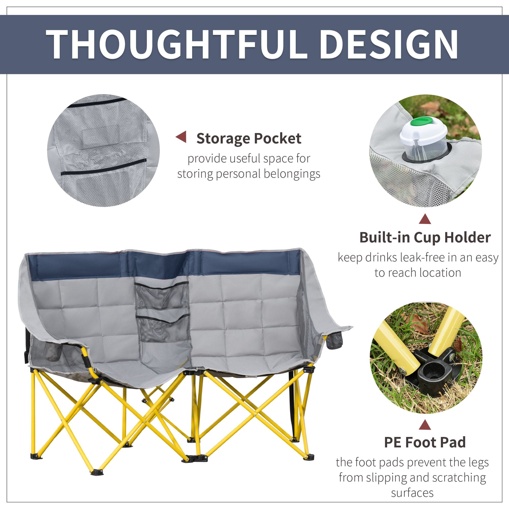 2 Person Double Folding Camping Loveseat Chair, Side-by-Side Outdoor Chair with Cup Holders Middle Storage Pocket Steel Frame Supports 264lbs Per Seat with Carry Bag