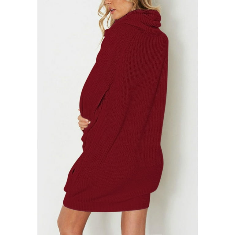 Wine Red Loose Turtleneck Oversize Long Pullover Sweater good Dress