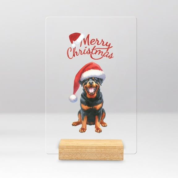 Merry Christmas Rottweiler Santa Hat Xmas Tree Winter Holiday Acrylic Plaque Sign Ashwood Base Rottie Dog Lover Gifts Idea Home Desk Decor - 01013