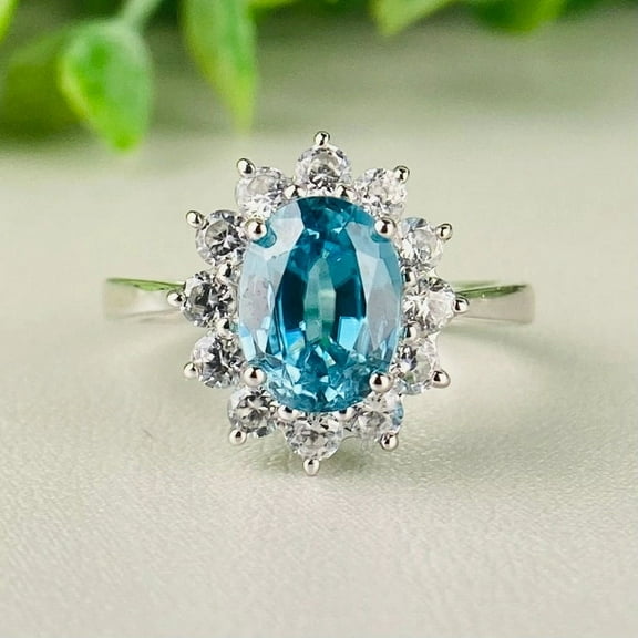 Natural swiss blue topaz ring, Oval gemstone halo ring, November birthstone, Art Deco Blue Gemstone Anniversary Ring, Promise ring for her