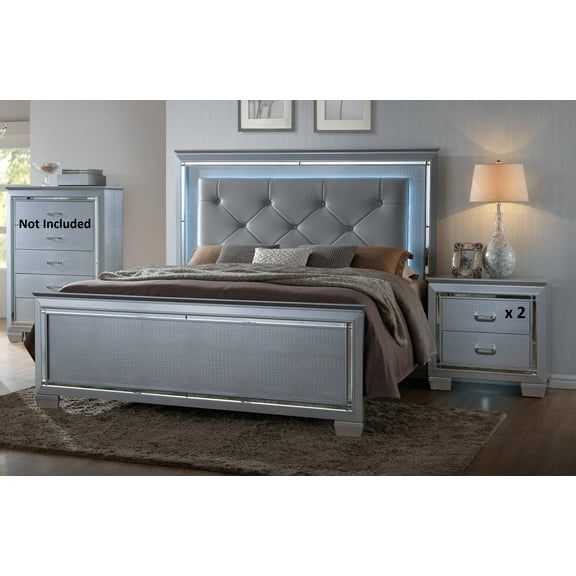 Contemporary Silver Finish 3pc King Size LED Backlit Upholstered HB Bed 2 Nightstand Wooden Bedroom Furniture Set