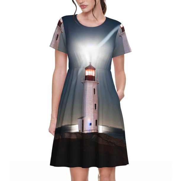 Disketp Peggy's Cove Lighthouse para Vestido de Manga Corta para Mujeres, Vestidos de Verano para Mujeres, Casual y Holgado para la Playa
