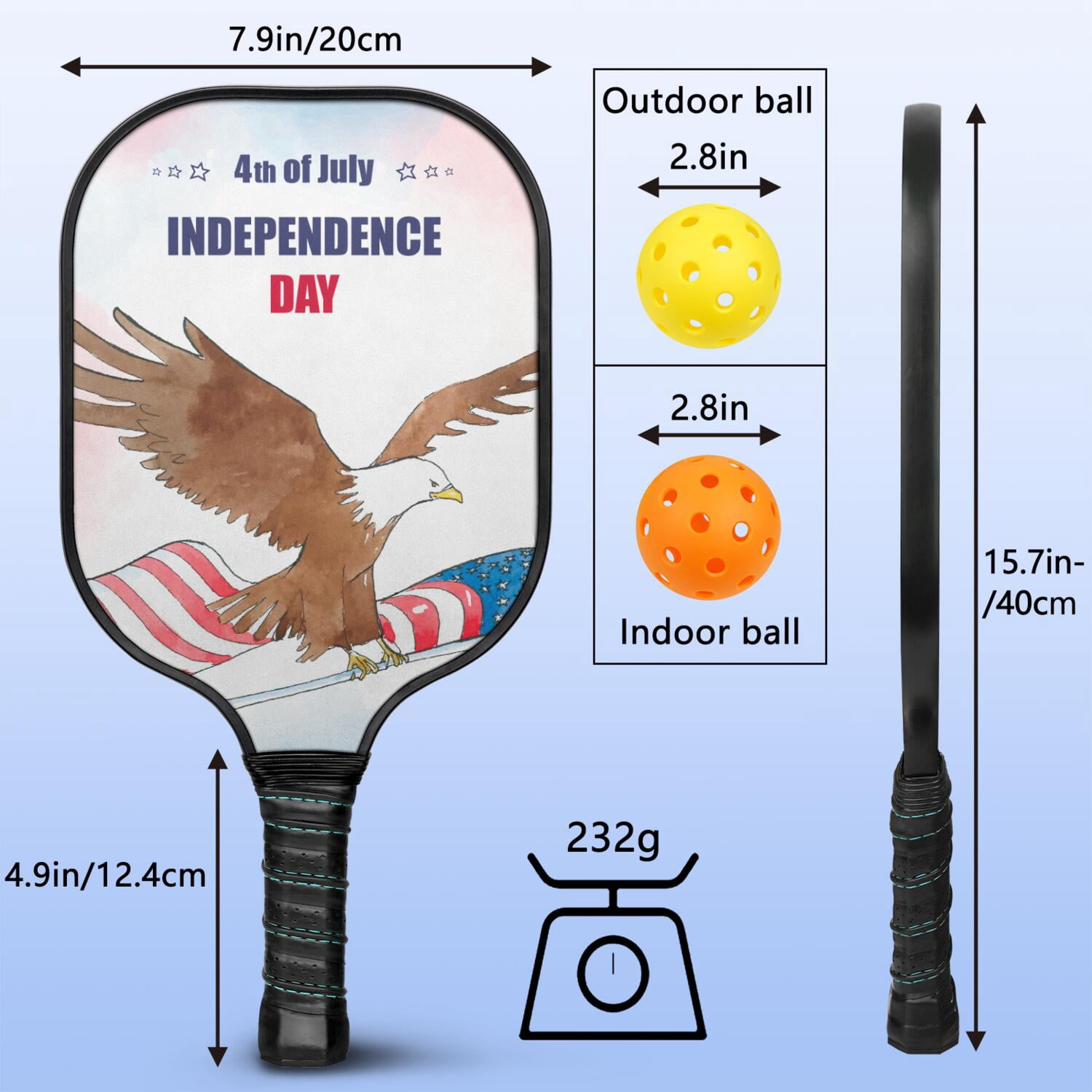 Pickleball Paddles Set Of 2, Fiberglass Surface, USA, Independence Day Print, 4 Balls & Bag