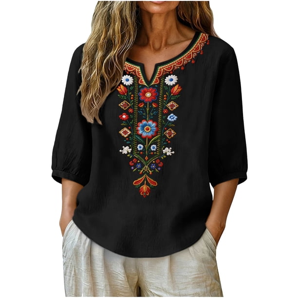 Neewe Women's Embroidered Tops 3/4 Sleeve Traditional Boho Shirts for Women V Neck Peasant Tunic Blouses