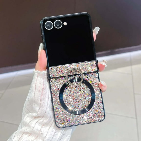 Allytechgroup Glitter Protective Case for Samsung Galaxy Z Flip 6/ Galaxy Z Flip 7 FE, [Compatible with Magsafe] Ring Holder Shockproof Bling Stylish Cover Shell for Girls Women, Silver