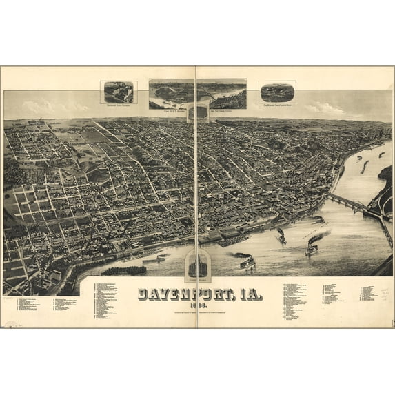 24"x36" Gallery Poster, birdseye view map of davenport iowa 1888