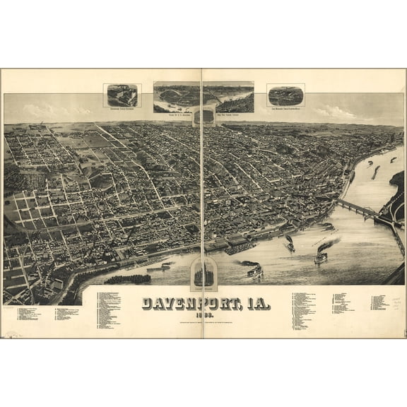 24"x36" Gallery Poster, birdseye view map of davenport iowa 1888