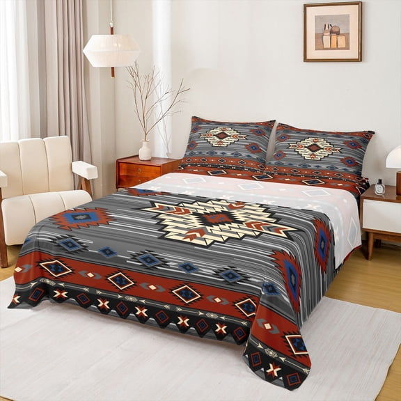 jejeloiu Bold Tribal Bed Sheets,Southwest Print Full Size Sheets For Boys,Red Gray,4-Piece,1 Flat Sheet, 1 Fitted Sheet and 2 Pillowcases