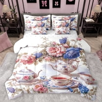 Manfei Vintage Floral Teacups Twin Bedding Sets 7-Piece for Female Men,Exotic Style Bedding Comforter Set Microfiber,Flowers Teapot Breathable Sheet Sets,Super Cozy Room Decor,Reversible