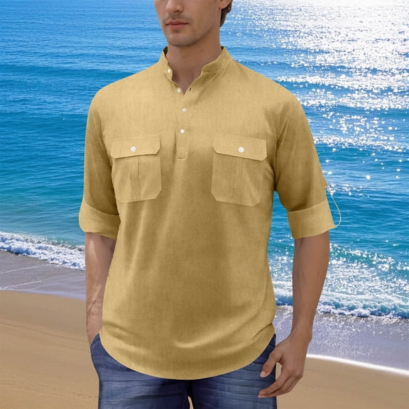 CLOISE Mens Pullover Tops Elbow Length Elbow Length Big and Tall Shirts with Pockets Collared Casual Tshirt Solid Color Summer Blouses Khaki